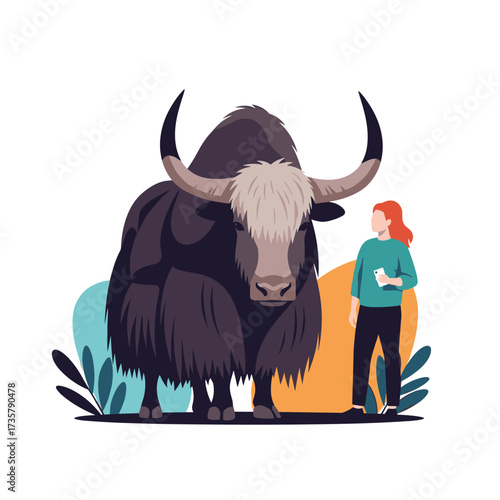 A large hairy yak standing next to a person in a modern flat illustration style.