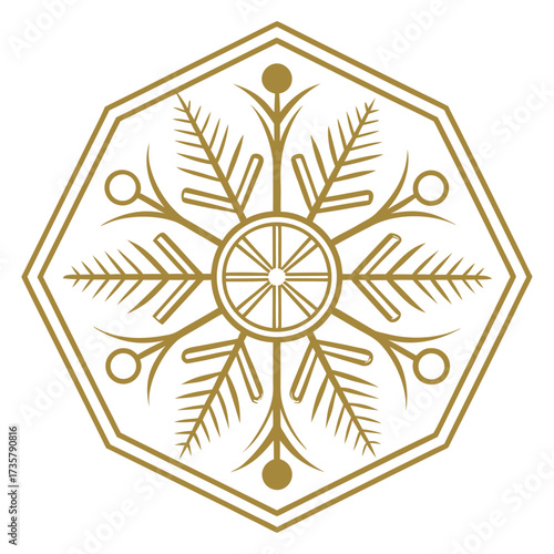 Elegant golden snowflake design with geometric octagon border and delicate frosty branches