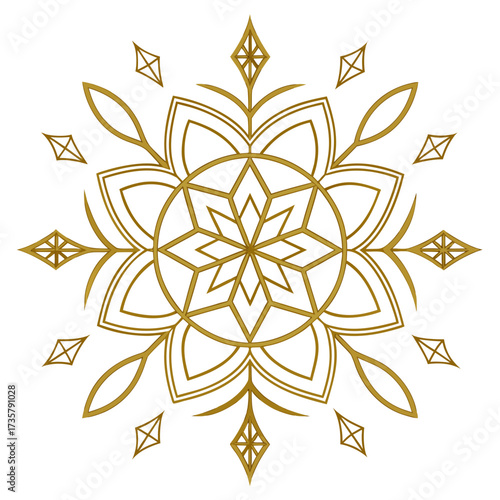 Elegant golden snowflake mandala design with intricate geometric patterns and symmetrical floral elements on white background