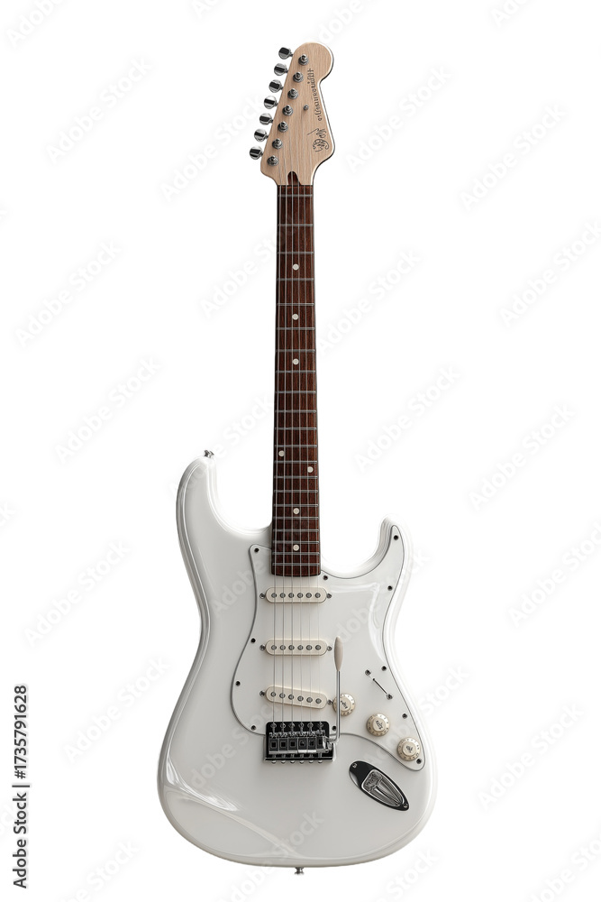 Obraz premium Pristine White Electric Guitar (Light Wood Neck, Dark Fretboard) �C Stands Vertically on Light Gray Background, Ready for Use, PNG, no background