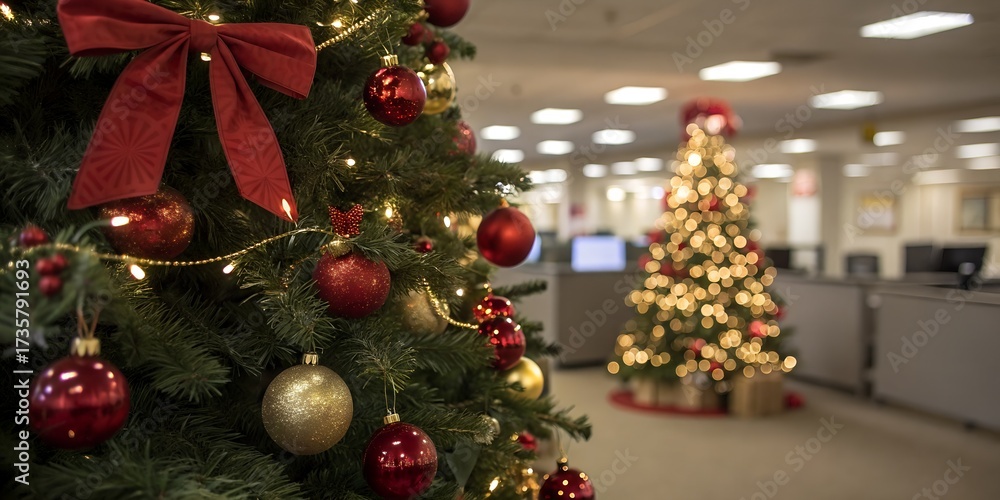 Fototapeta premium Closeup of a decorated christmas tree in an office