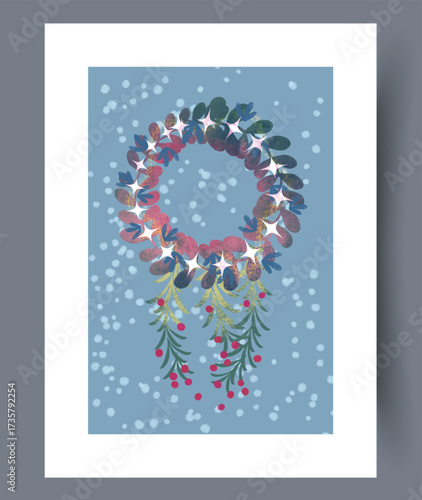 Beautifully Festive Wreath Decorated with Sparkling Snowflakes on a Blue Background