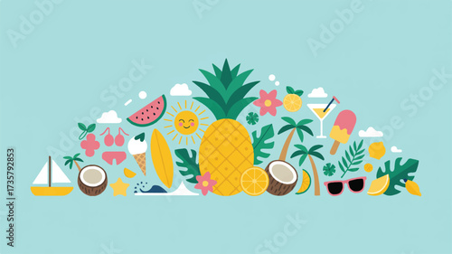 Vector art of summer themed illustration with pineapple, watermelon, and tropical elements