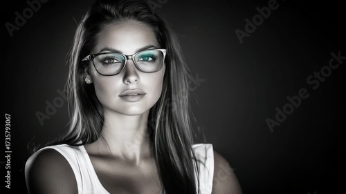 Wallpaper Mural Young woman with glasses looks thoughtfully to the side, neutral background showcases her profile, creating a striking monochrome effect Torontodigital.ca