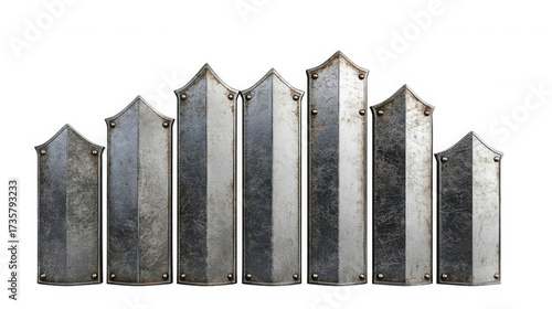Row of seven medieval armor plates standing upright against a on transparent background