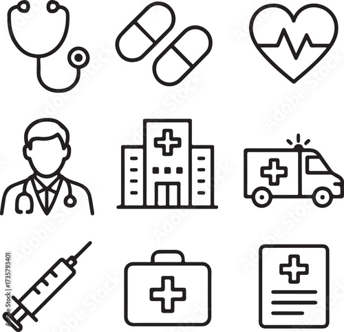 Healthcare and medical liner icon bundle, stethoscope, pills, heart, doctor, hospital, ambulance