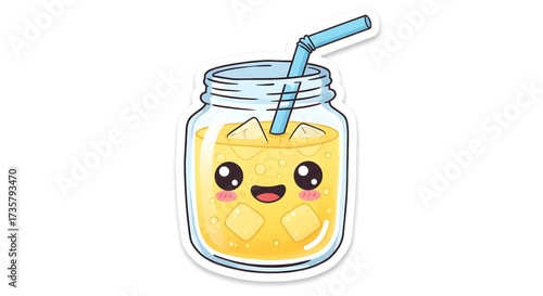Cartoon iced lemonade jar with straw smiling, kawaii sticker