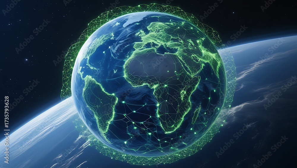 Obraz premium Earth Enveloped by Glowing Neural Network – Global Consciousness Concept, Deep Blue & Electric Green, High-Resolution Space View.