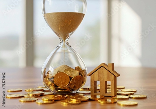 Transparent Glass Hourglass Filled with Falling Golden Coins and a Wooden House Icon on a Coin Pile – Concept of Financial Planning, Real Estate Investment, and Savings in Modern Photorealistic Style