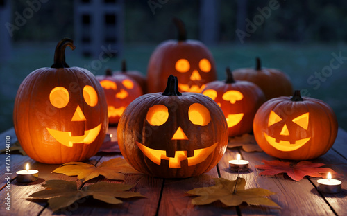 Group of carved pumpkins, glowing jack o lanterns, spooky Halloween night display