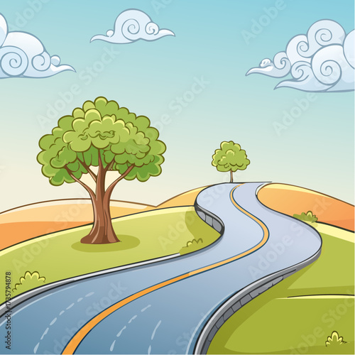 Winding road leads to solitary tree