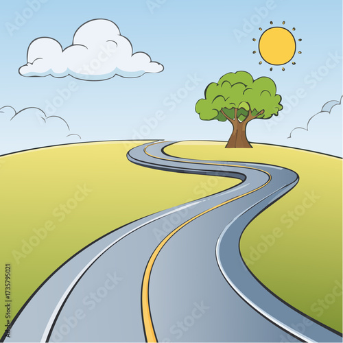 Winding road leads to solitary tree
