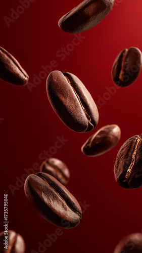 Rich, aromatic roasted coffee beans float against deep red background, creating dynamic and inviting visual. beans glossy texture and rich brown color highlight their premium quality