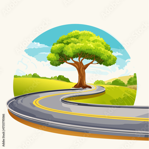 Winding road leads to solitary tree