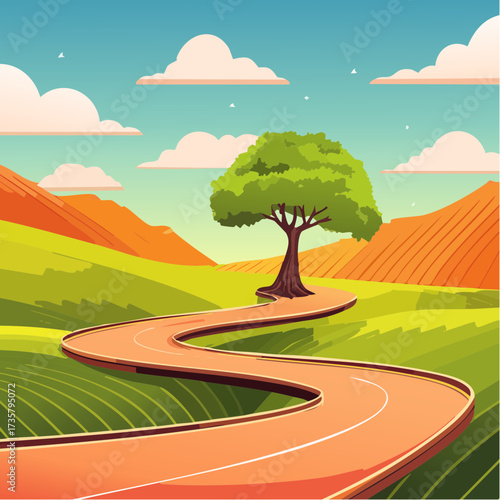 Winding road leads to solitary tree