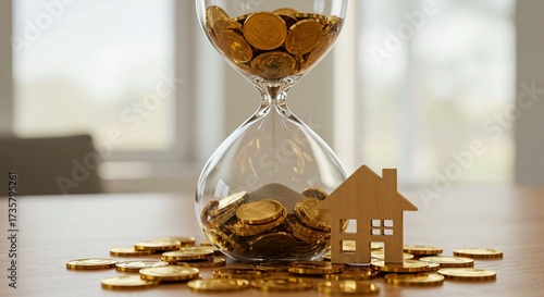 Transparent Glass Hourglass Filled with Falling Golden Coins and a Wooden House Icon on a Coin Pile – Concept of Financial Planning, Real Estate Investment, and Savings in Modern Photorealistic Style