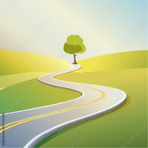 Winding road leads to solitary tree