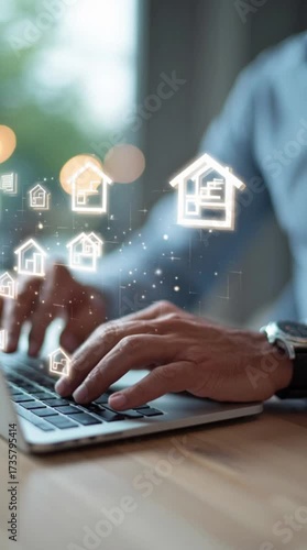 Real Estate Technology Concept with Floating House Icons and Laptop Interaction
