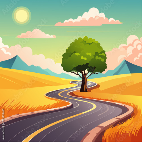 Winding road leads to solitary tree