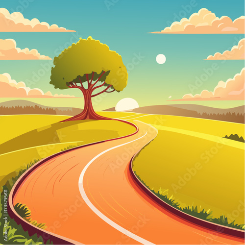 Winding road leads to solitary tree
