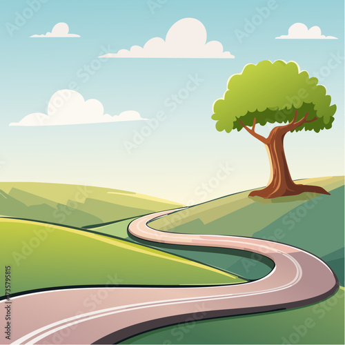 Winding road leads to solitary tree