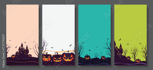 Cute Halloween posters with pumpkins, ghosts, bats, and trick or treat messages in colorful designs.