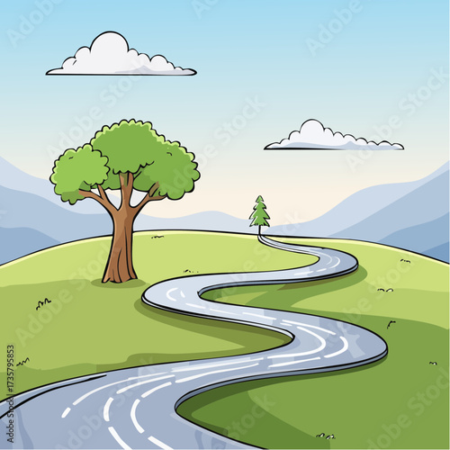 Winding road leads to solitary tree