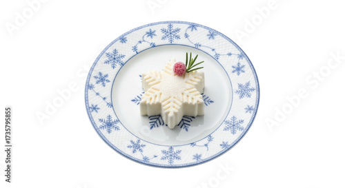 Delicate snowflake-shaped dessert adorned with festive berry and herb on elegant plate