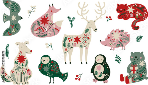 Set of beautiful winter animals with Christmas decoration. Scandinavian style, simple illustrations. Bird, fox, deer, dog, owl, penguin, hedgehog, bear. For New Year design concepts, prints, decor.