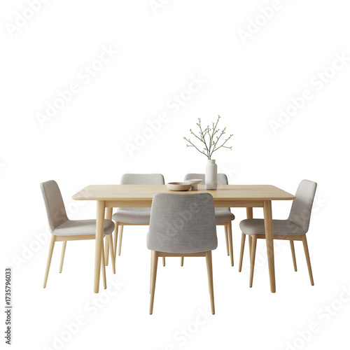 A modern wood dinning furniture set minimalist interior chairs, isolated on white or transparent background, PNG Format.