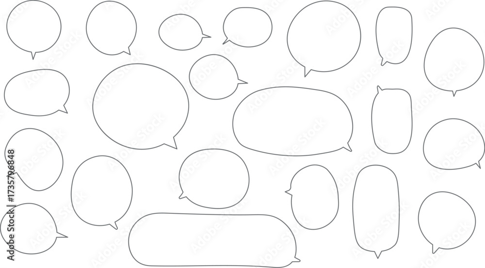 Obraz premium 円形、楕円形(横長、縦長)、角丸の長方形、少し歪んだ形、非常に多様な吹き出しセット。グレーで非常にシンプルで汎用性の高いデザイン。漫画、ウェブデザイン、プレゼンテーション資料に使える吹き出しセット。