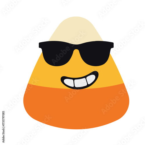 A cartoon candy corn character with sunglasses and a smile on a white background is the main focus
