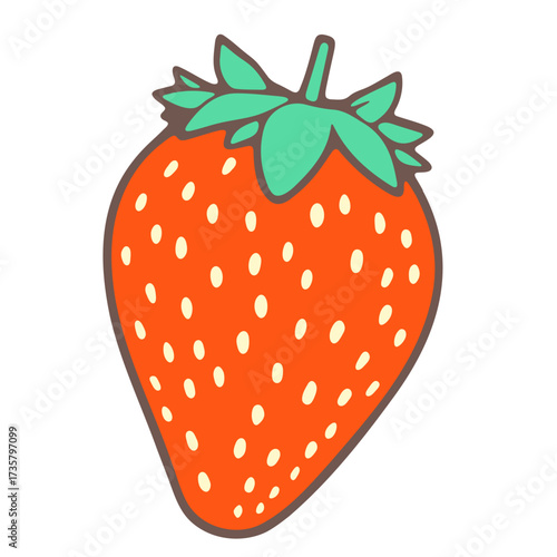 Illustration of a single strawberry with green leaves and white seeds on a white background view from the front