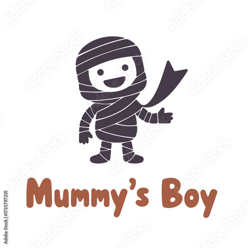 Illustration of a cartoon mummy boy character wrapped in bandages with a happy expression and waving hand