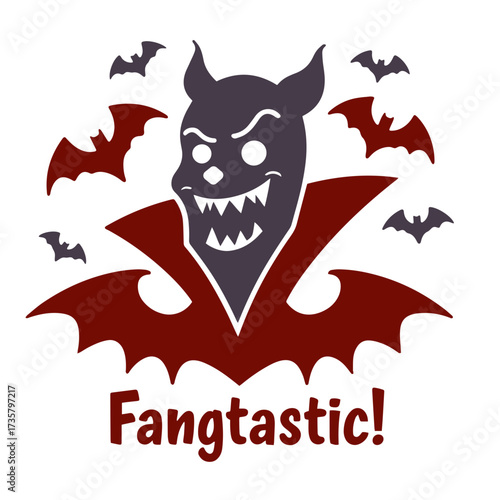 Illustration of a grinning cartoon vampire with bats and the word fangtastic below it all in color