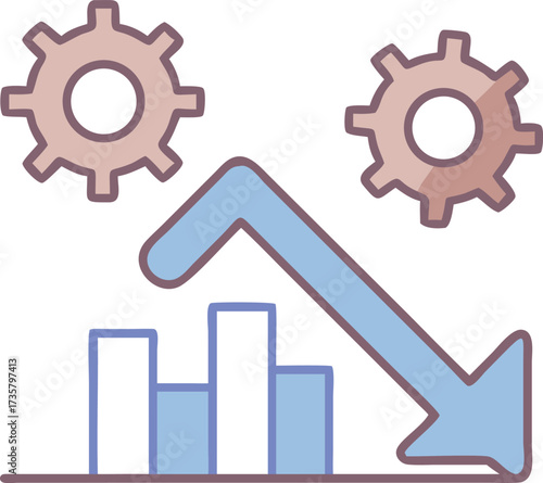 Declining Chart with Gear Illustration Representing Business and Technology Concepts
