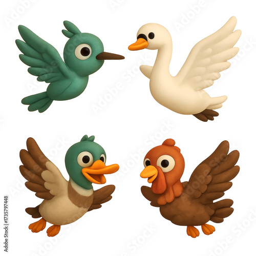 Bird flying icons. Four cartoon birds in a simplistic clay model style, suitable for childrens illustrations, educational materials, and naturethemed designs.