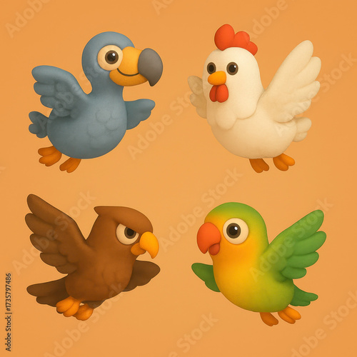 Bird flying icons. Four cute cartoon clay birds on an orange background suitable for childrens book illustrations or naturethemed design projects.