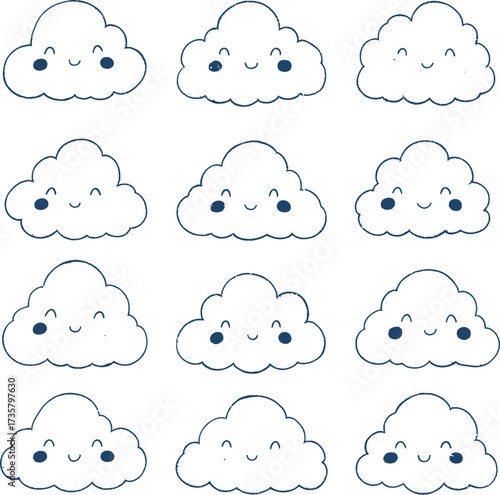 Cute cloud icon set with expressive faces and blue outlines in cartoon vector style for emotion, weather, and kids themes