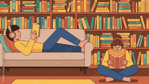 People reading books in cozy home library, enjoying quiet time and relaxation with warm colors and inviting atmosphere, promoting knowledge and leisure.