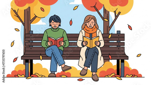 Couple reading books together on a park bench surrounded by colorful autumn leaves, enjoying a peaceful and cozy afternoon in the crisp air.