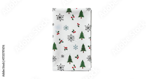 Festive holiday fabric with evergreen trees, snowflakes, and holly berries on white
