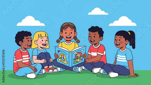 Children reading a book together on the grass in a park, enjoying a sunny day and fostering a love of reading and friendship.