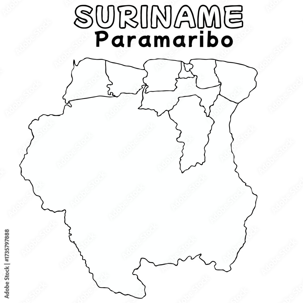 Fototapeta premium Outline of the suriname Map with State Boundaries with name and capital city for Educational Purposes and Planning in transparent and vector