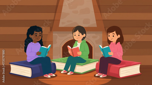Three young girls reading books together in cozy room near fireplace, enjoying quiet time and learning in a warm and inviting atmosphere.