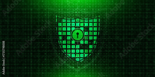 Digital shield with encryption code and cybersecurity lock icon on green matrix background, symbolizing data protection, privacy, secure internet, firewall system, advanced online security.