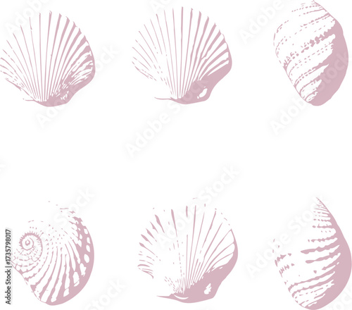 Seashell icon set with spiral and ridged pink shells in minimal vector style for beach, marine, and summer illustration themes