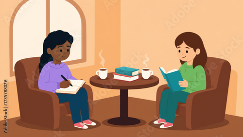 Two young women are reading and writing in a cozy cafe, enjoying hot drinks and books, creating a peaceful and intellectual atmosphere.