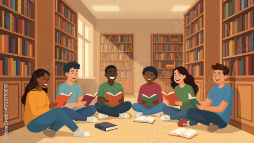 Diverse group of students reading books together in a cozy library, fostering a love for learning and creating a sense of community.