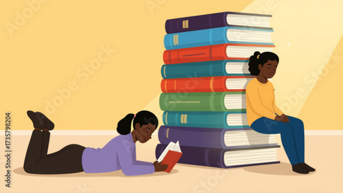 Two young black women engaging with books, one reading while lying down and the other sitting on a stack of books in a brightly lit, educational setting.